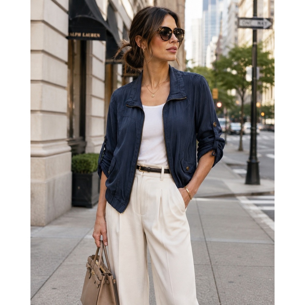 Basic Edge Lightweight Bomber Jacket Navy Blue  Puff Sleeve Utility M